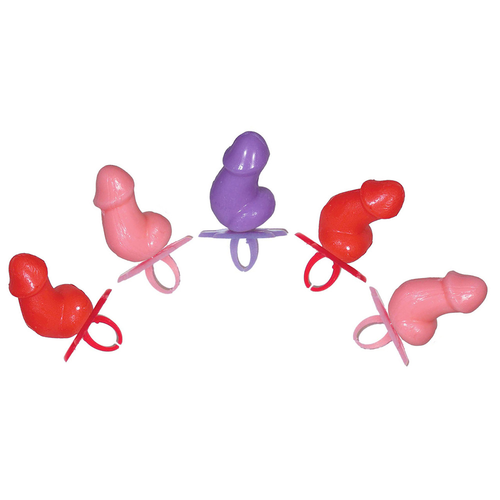 Five penis lollipops in an arc in alternating colors of red, pink and purple.